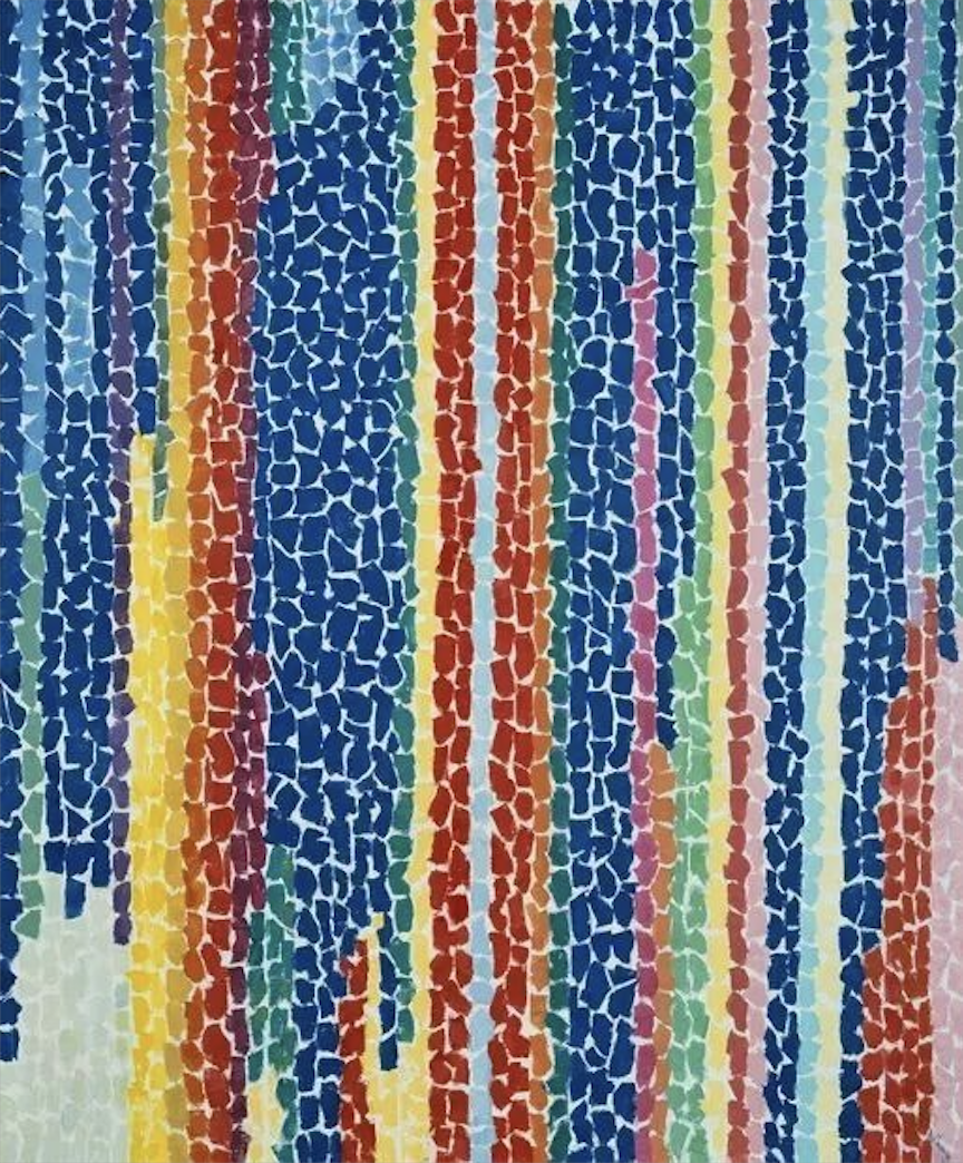 Alma Thomas painting composed of bright vertical stripes in red, blue, yellow, and green