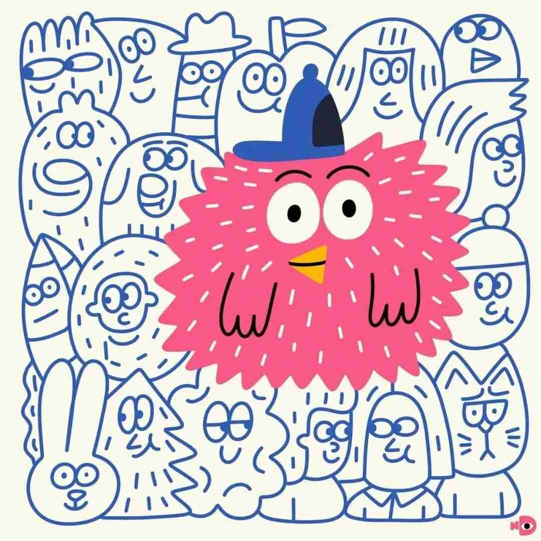 Coloring-page style illustration by Nina Dzyvulska with one fuzzy pink character amid black-and-white outlined figures