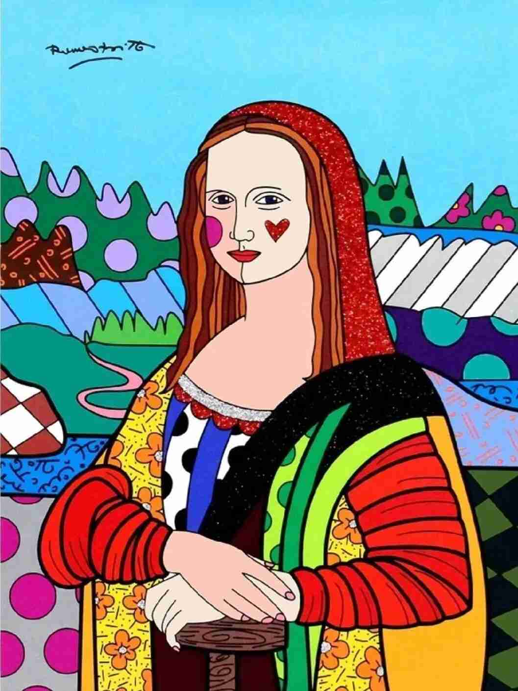 Britto's pop-art reinterpretation of the Mona Lisa in bright patterns