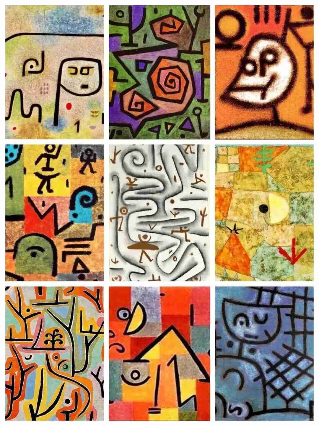 Grid of nine Paul Klee paintings showing his colorful abstract shapes and playful, expressive linework