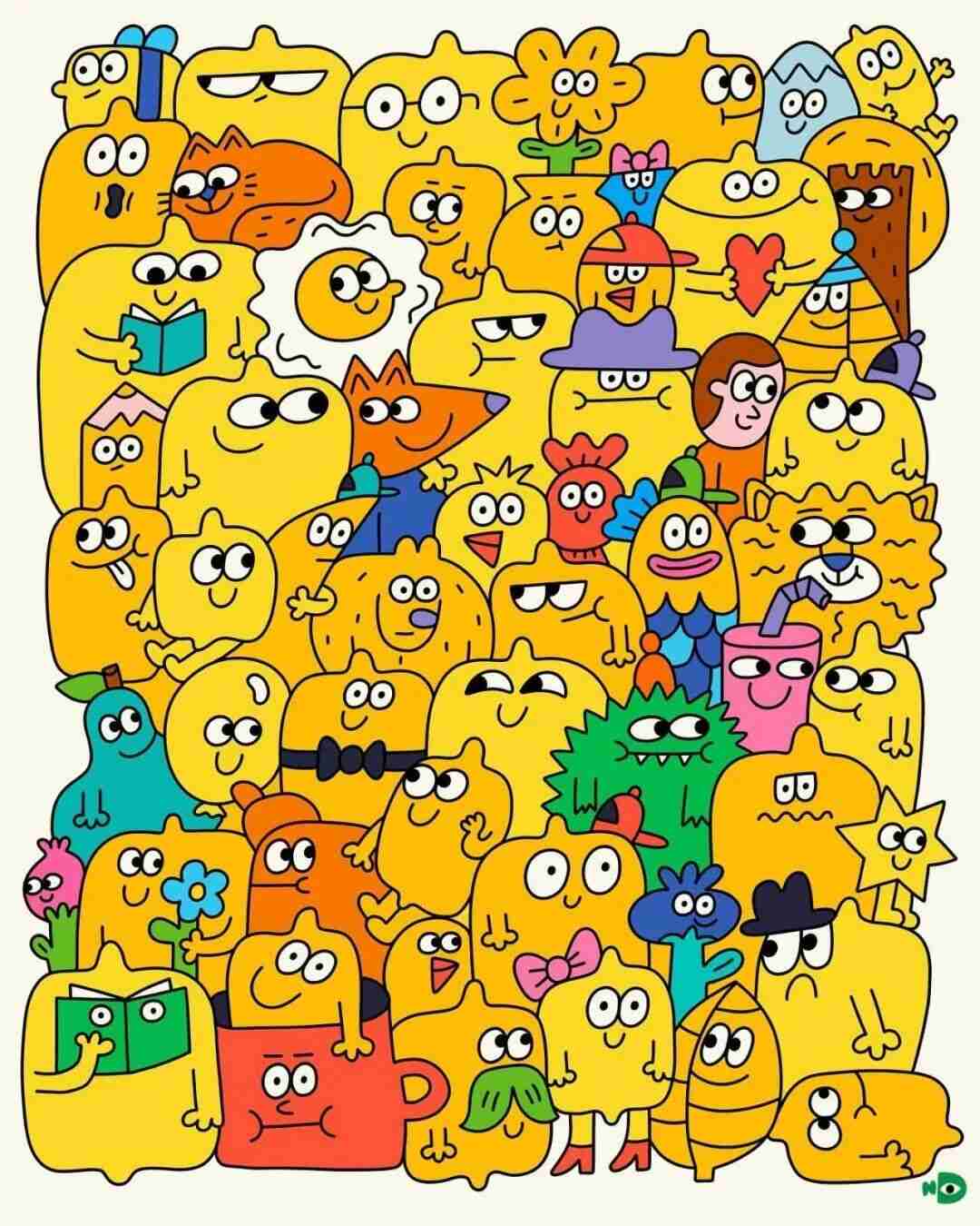Illustration by Nina Dzyvulska crowded with round-headed yellow characters and creatures