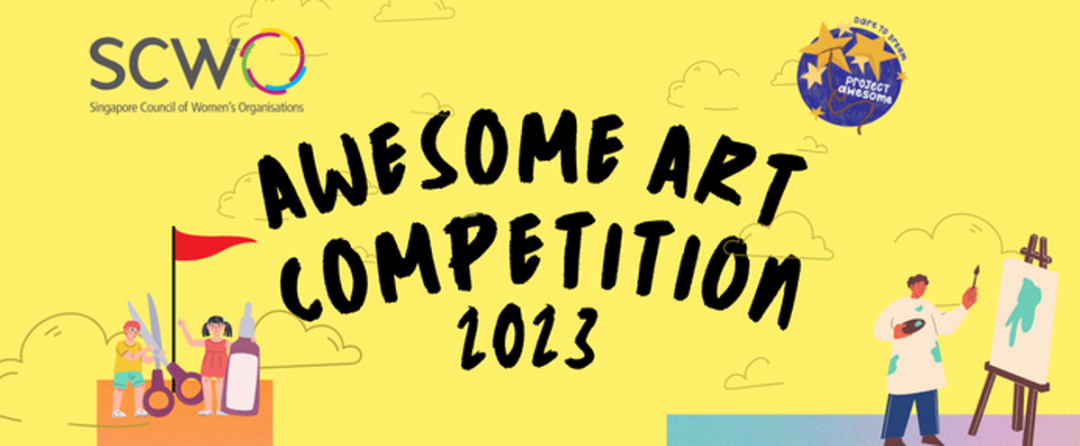 AWESOME Art Competition 2023 banner with the SCWO and Project Awesome logos and illustrated children painting