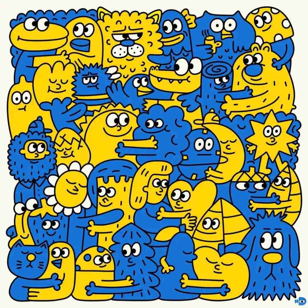 Illustration by Nina Dzyvulska with a repeating blue-and-yellow pattern of hugging characters, echoing folk-art motifs