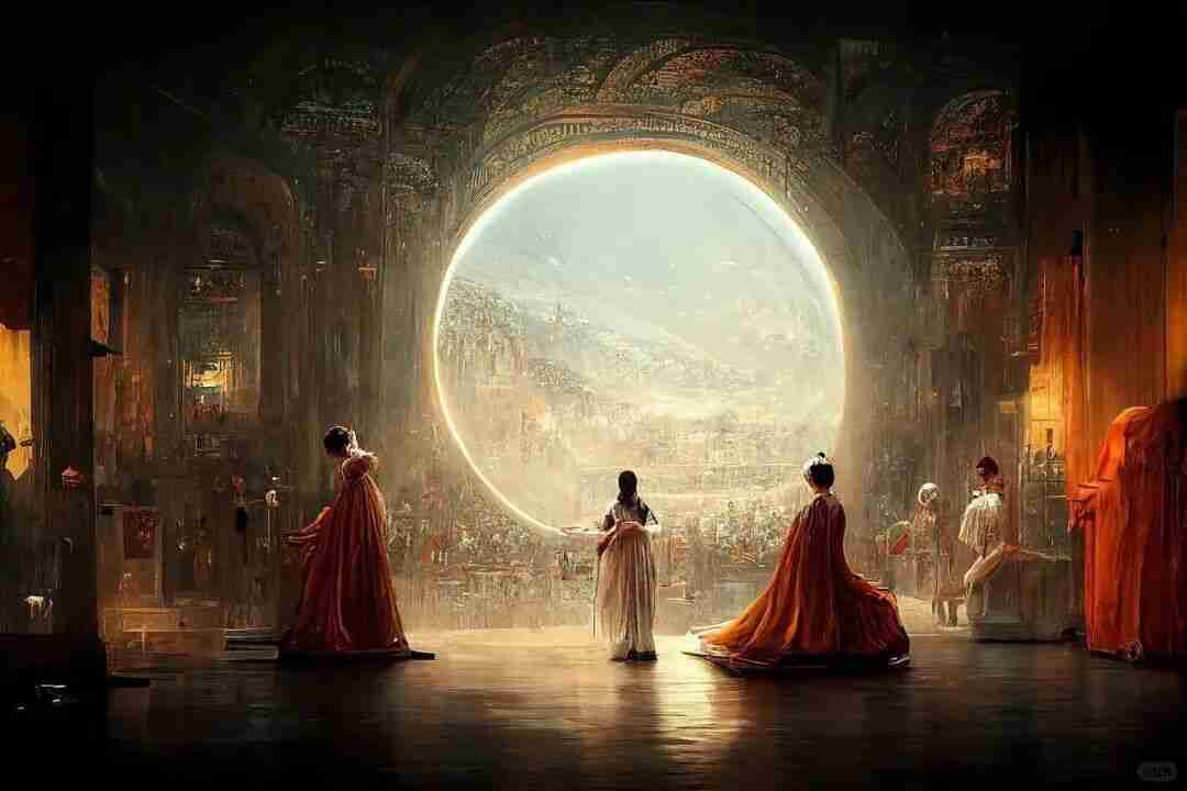AI-generated painterly scene of robed figures before a glowing circular window in a grand hall
