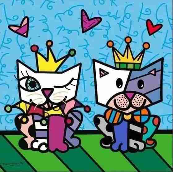 Britto painting of two crowned cats under floating hearts