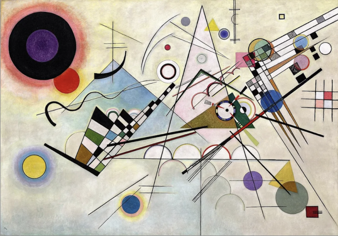 Abstract painting from Wassily Kandinsky's Composition series, featuring circles, triangles, and intersecting lines in bold colors