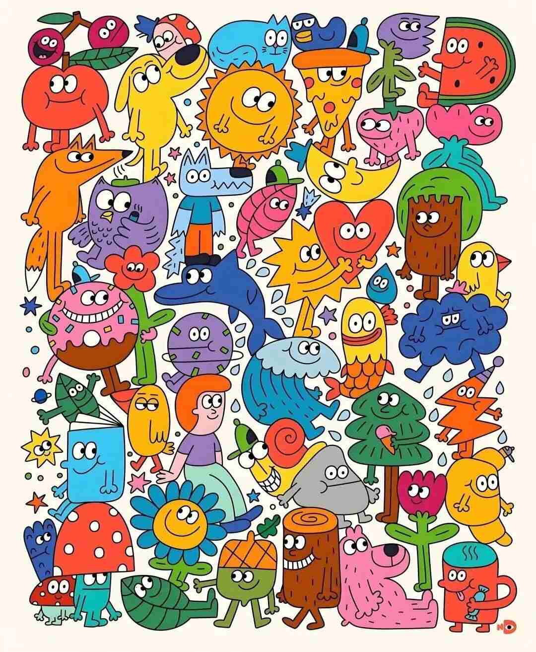 Nina Dzyvulska illustration filled with round, expressive characters