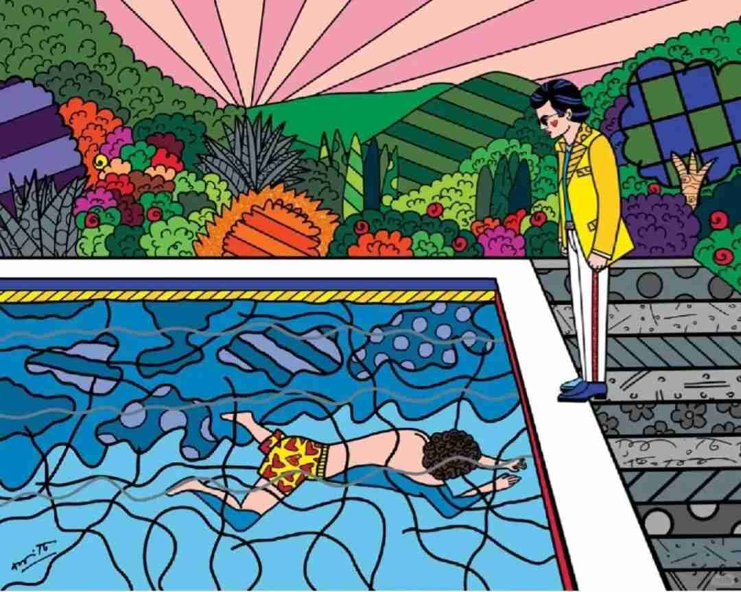 Britto's pop-art poolside scene of a swimmer watched by a standing figure