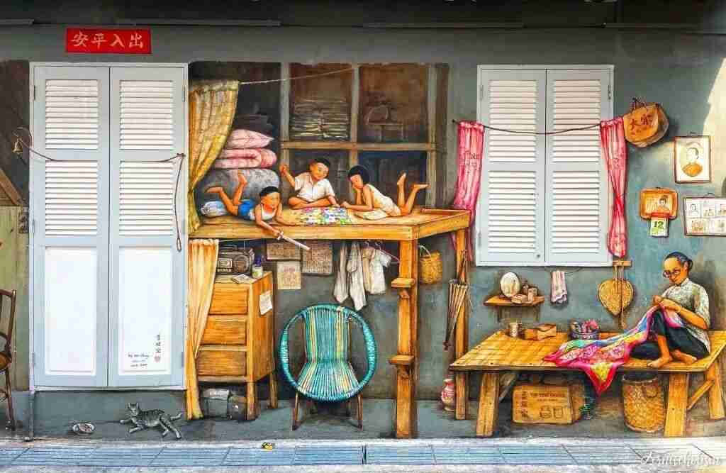 Photograph of another nostalgic Yip Yew Chong mural capturing everyday scenes of old Singapore.