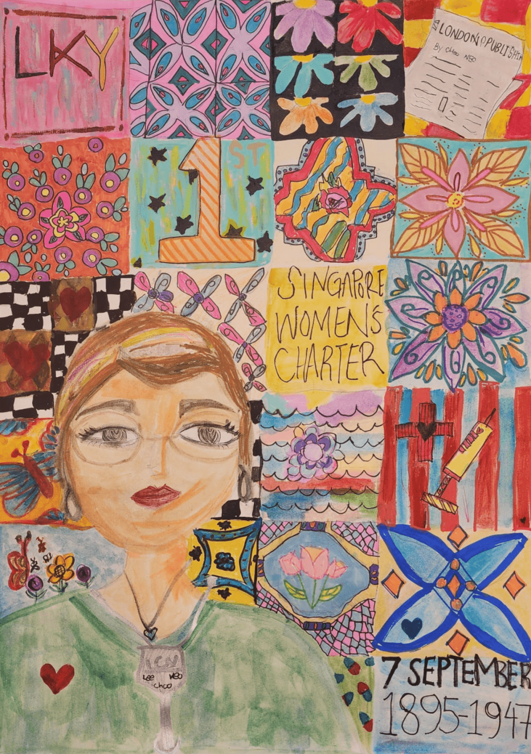 Winning student artwork from a past AWESOME Art Competition honouring a change-maker from the Singapore Women's Hall of Fame