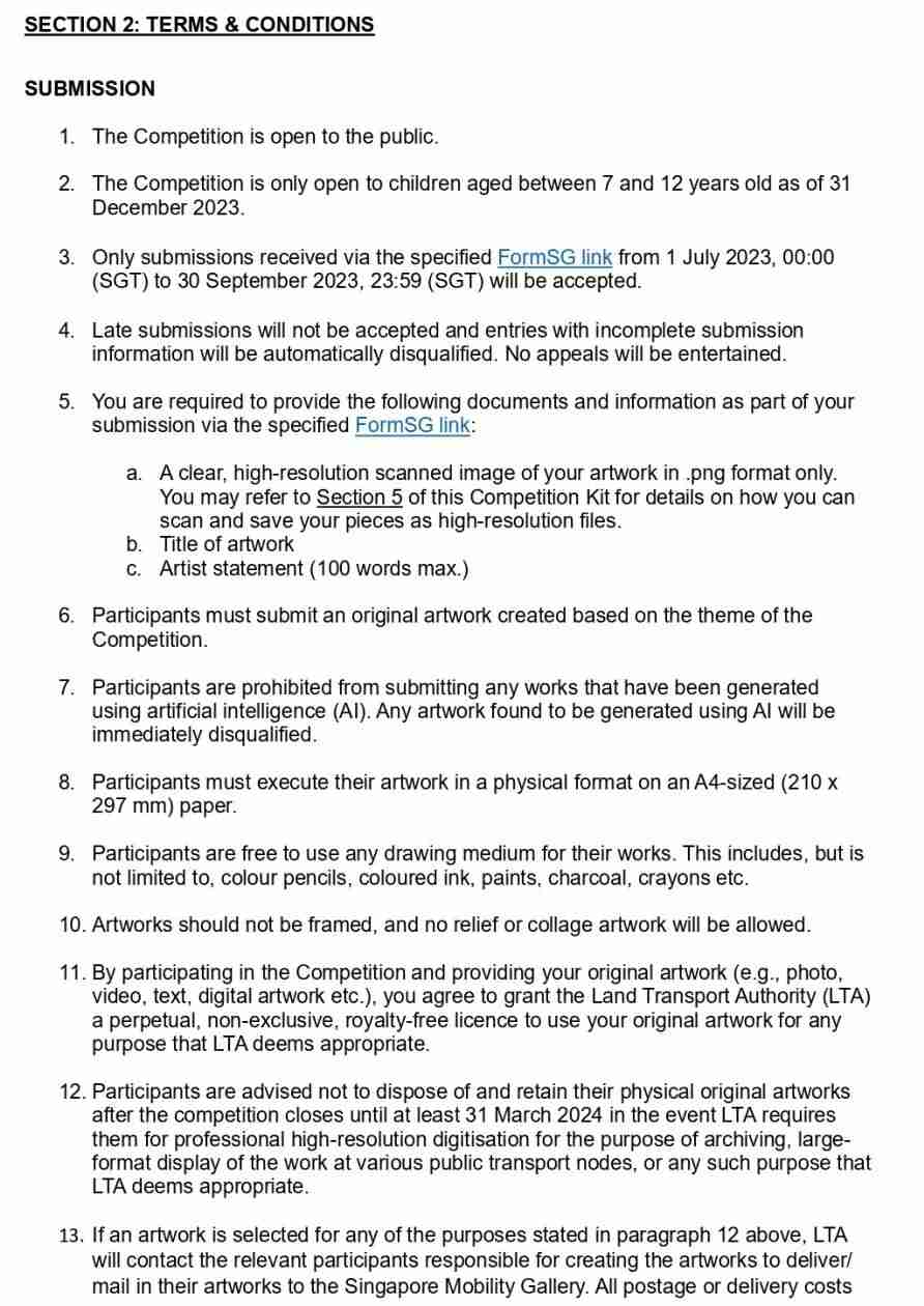 Scanned page from the competition's terms and conditions, listing rules that entrants must agree to