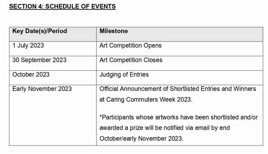 Scanned page from the competition's schedule of events section, outlining key dates around the submission period
