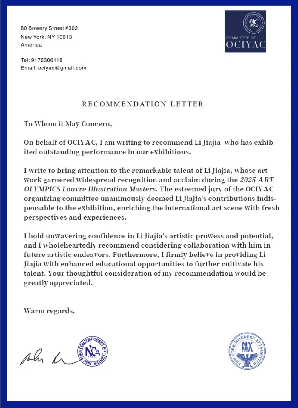 Sample official recommendation letter awarded to ART OLYMPICS competition winners