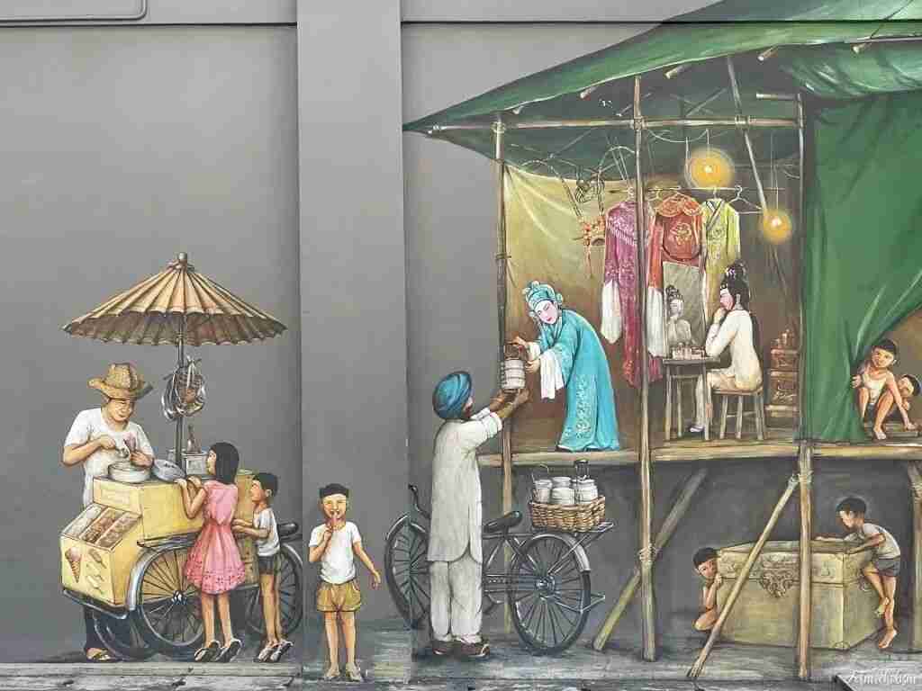 A further mural by Yip Yew Chong reflecting the nostalgic character of his old-Singapore street art.