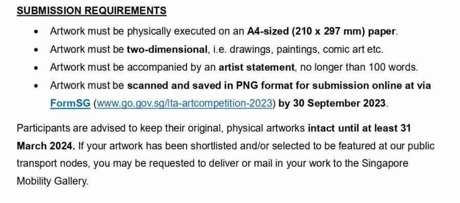 Scanned page listing the competition's submission requirements, including A4 paper size, two-dimensional artwork, an artist statement, and the FormSG online submission link