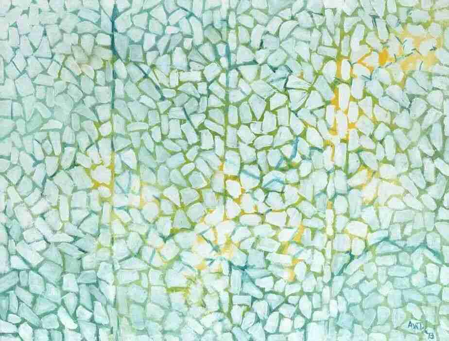Pale green, blue, and yellow abstract painting made of small mosaic-like dabs of paint, in the style of artist Alma Thomas