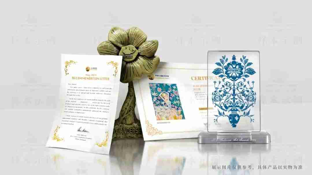 Photo of the Andersen International Art Exhibition recommendation letter, trophy, certificate, and ambassador plaque