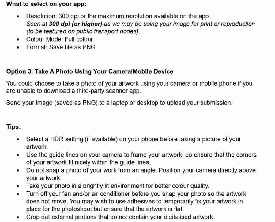 Scanned page from the guide to scanning hi-resolution visuals, explaining how to digitise artwork for online submission
