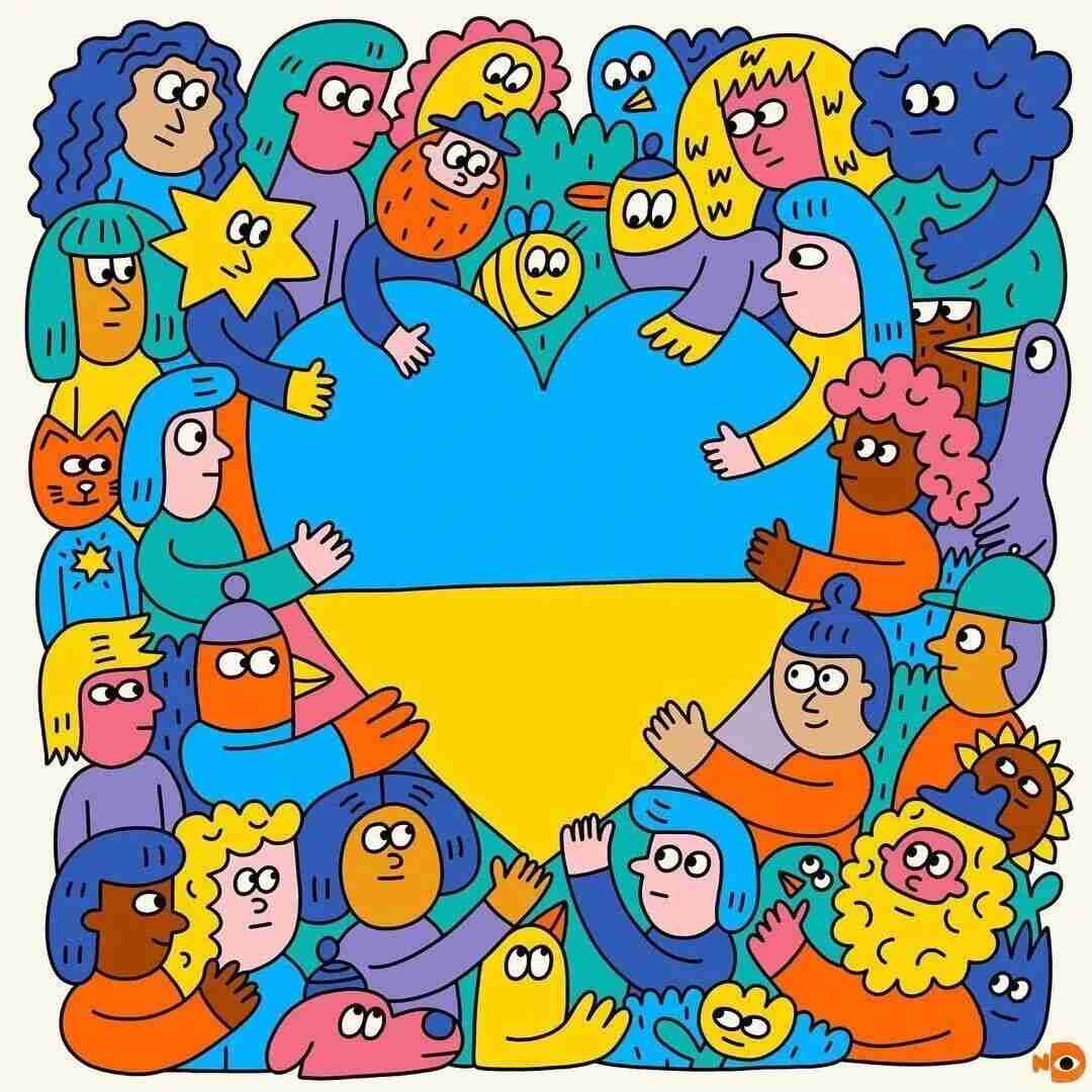 Illustration by Nina Dzyvulska of diverse round-headed characters embracing a heart in Ukraine's blue and yellow colors