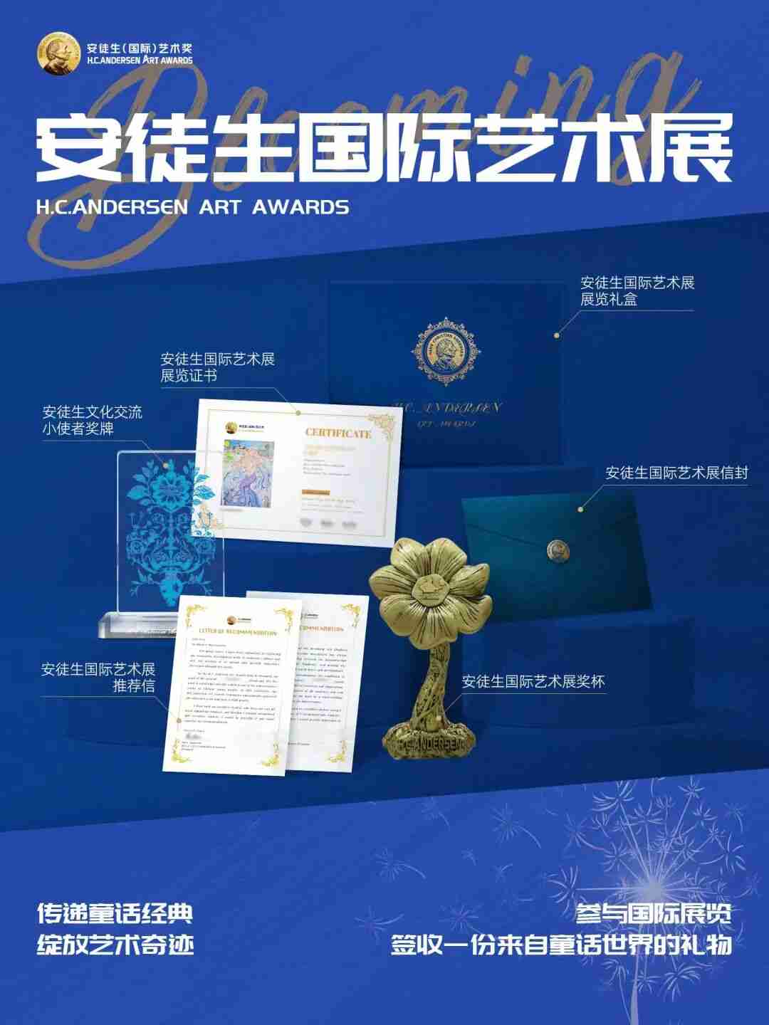Flat-lay of the Andersen International Art Exhibition gift box contents, including the trophy, certificate, letters of recommendation, ambassador plaque, and envelope