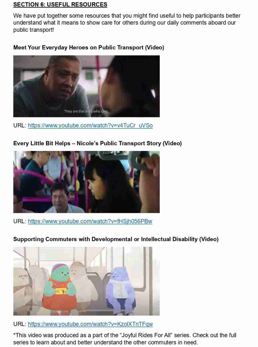Scanned page from the Useful Resources section, listing video links about caring for fellow commuters, including the "Joyful Rides For All" series