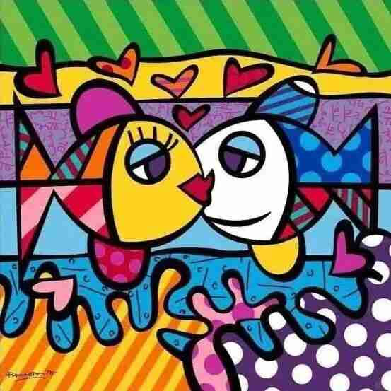 Britto painting of two fish kissing beneath floating hearts