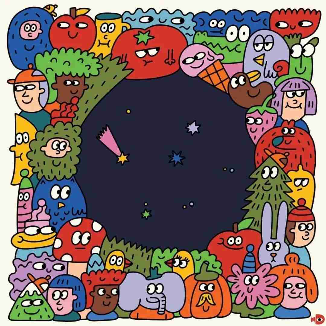 Illustration by Nina Dzyvulska of a starry night sky with a shooting star, ringed by playful fruit and character faces