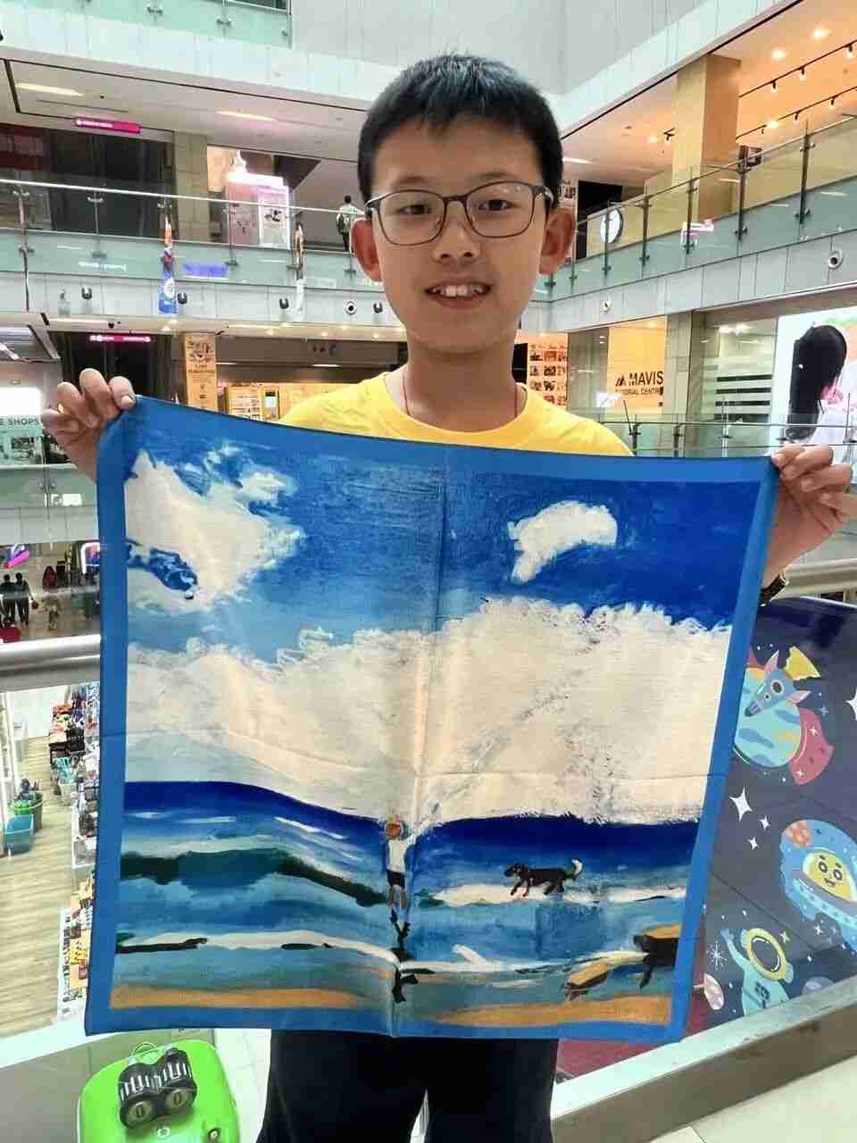 Child's silk scarf design framed and displayed as wall art