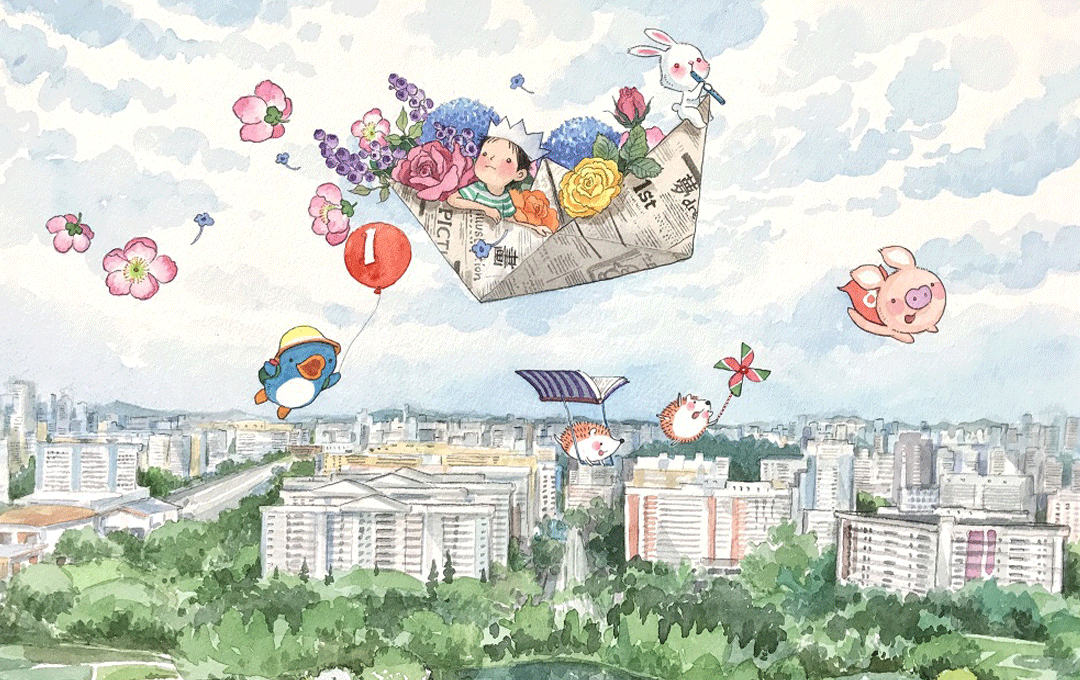 Children's picture-book illustration by Ah Guo, drawn in his signature watercolor style.