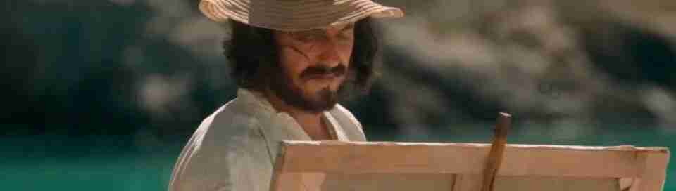 Close-up illustration of a bearded painter in a straw hat working at his easel
