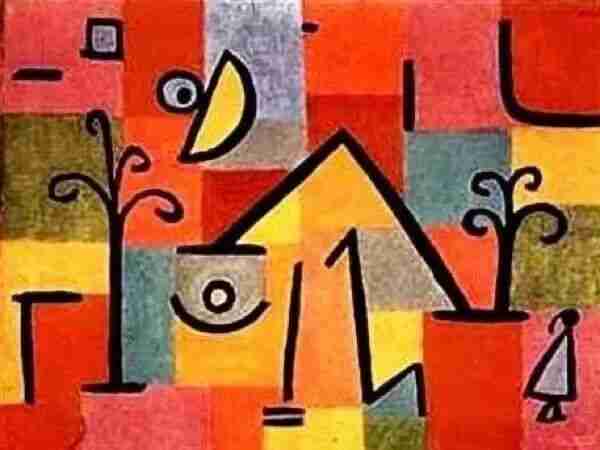 Abstract Paul Klee painting built from simple colored shapes, including a triangular tent form and swirling plant motifs