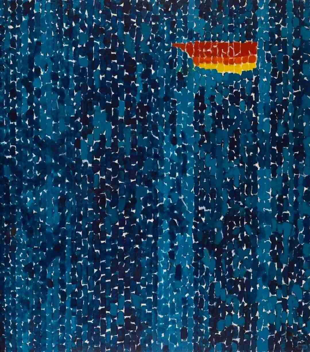One of Alma Thomas's paintings, with bright color blocks and repeated patterns reminiscent of Byzantine mosaics and pointillism