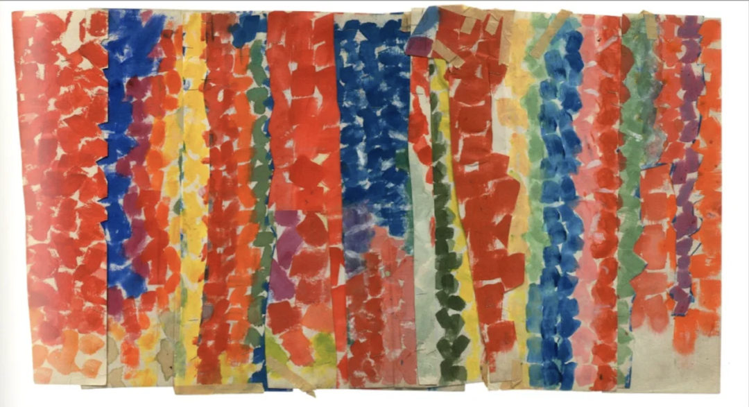 Colorful layered paper collage by Alma Thomas made of overlapping vertical strips in red, blue, yellow, and green