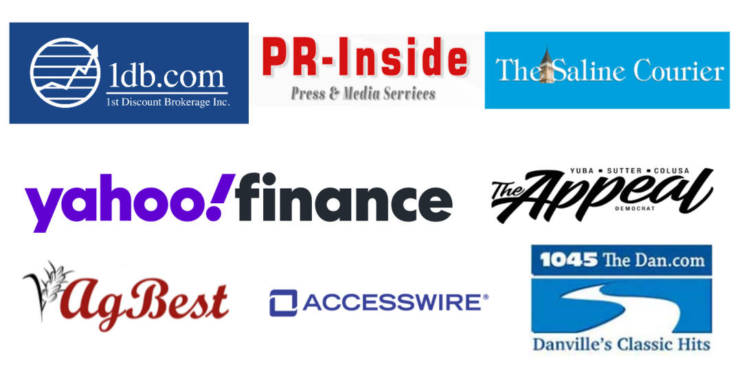 Logos of media outlets that covered the exhibition, including Yahoo Finance, PR-Inside, Accesswire, and The Saline Courier