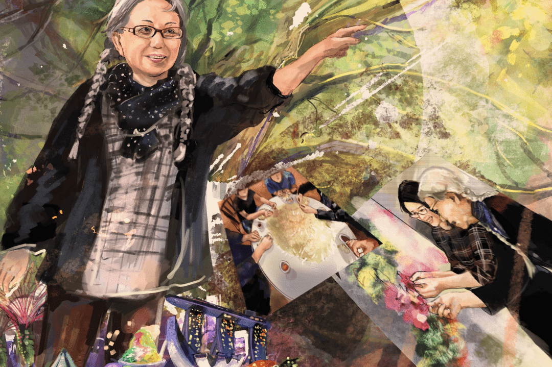 Painted portrait of an elderly Singaporean woman layered with photographs of hands doing craft and community work, an example artwork from the competition