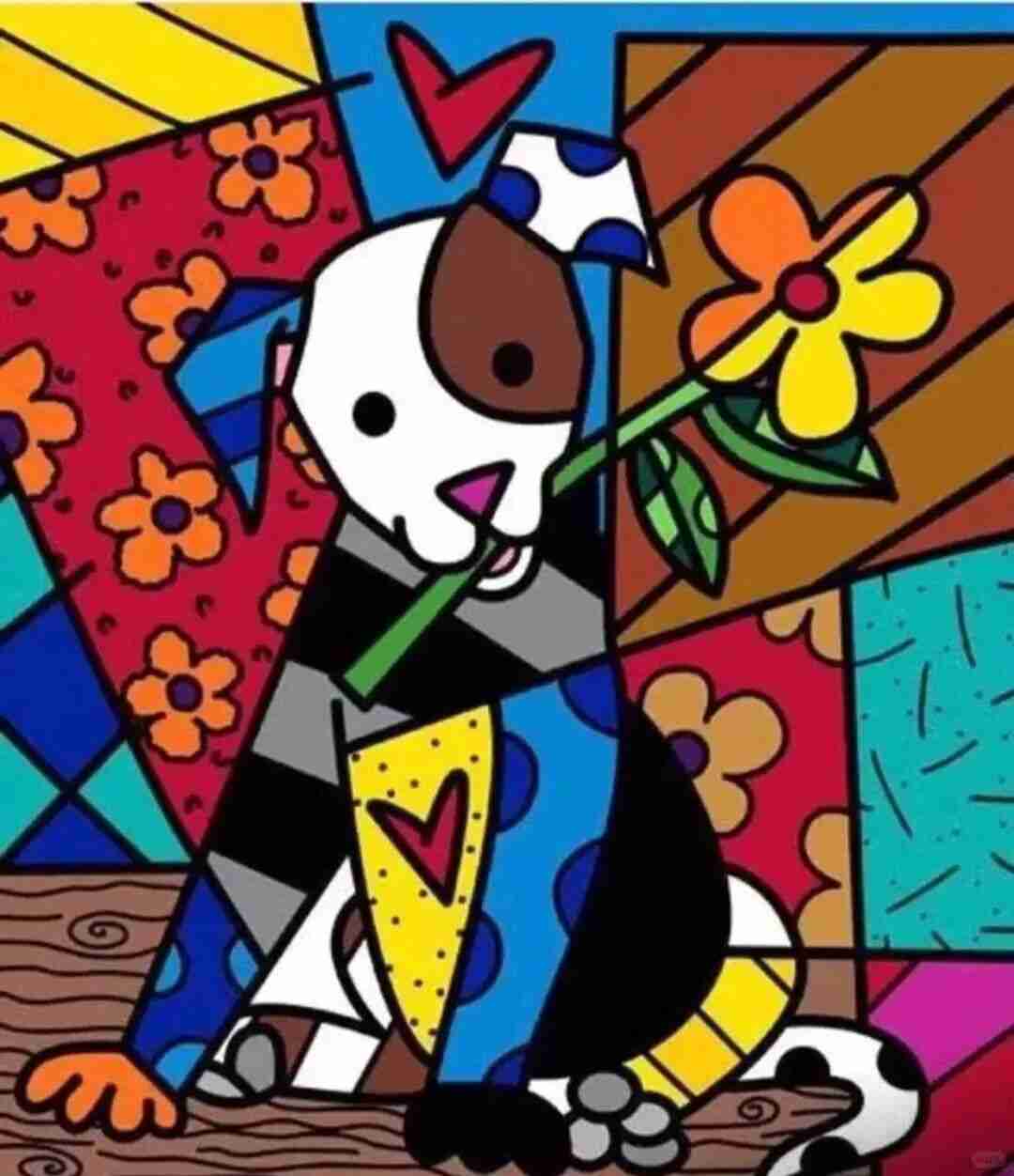 Britto painting of a puppy holding a yellow flower in its mouth