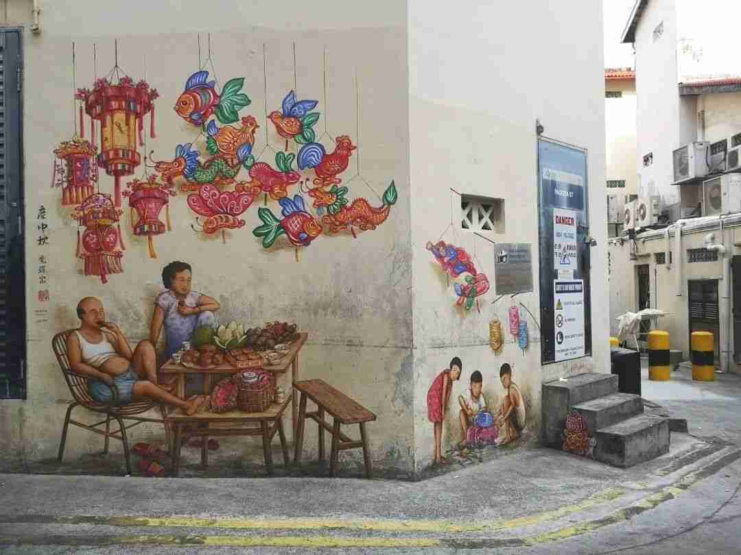 Photograph of one of Yip Yew Chong's nostalgic murals portraying scenes of old Singapore street life.
