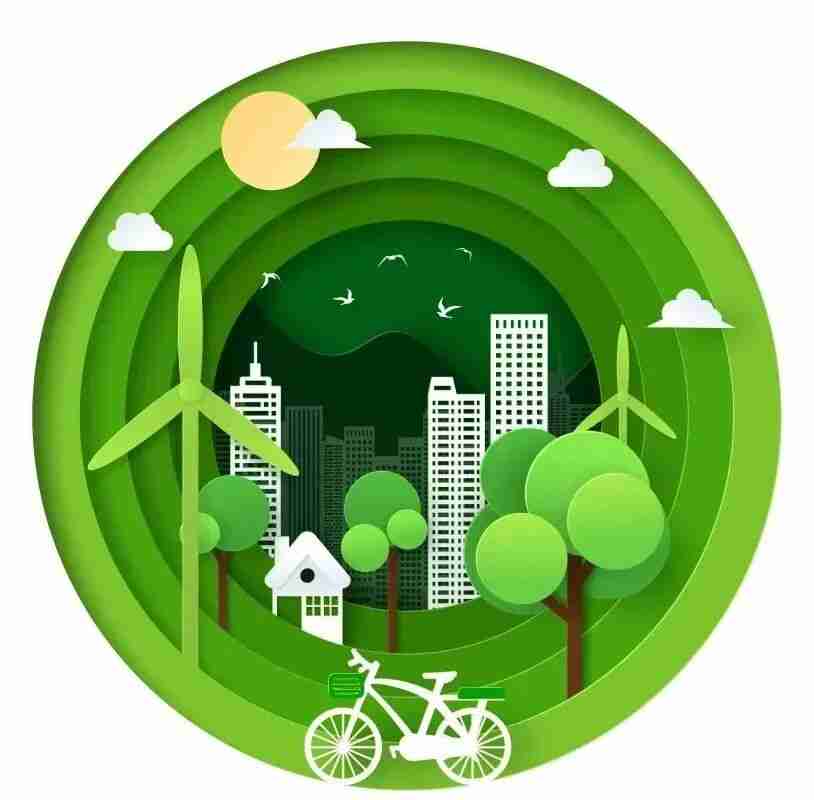 Illustration of a green sustainable city with wind turbines, trees, birds, and a bicycle, symbolizing the exhibition collaboration segment