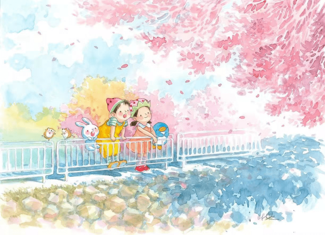Watercolor picture-book illustration by Ah Guo of two children and their animal friends sitting on a fence under a blossoming tree.