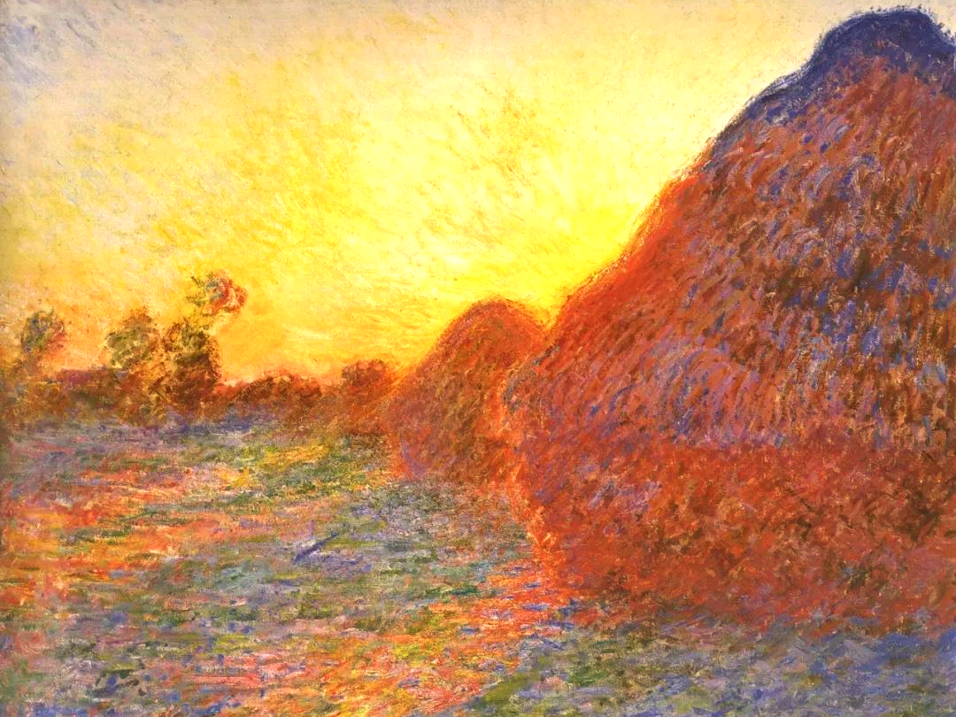 Claude Monet's Haystacks painting glowing in warm sunset colours