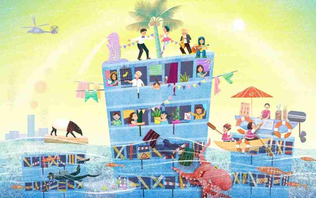 Illustration of a Singapore apartment block partying above the clouds while its lower floors sit submerged in rising sea water, with sea creatures and a small rescue boat below, symbolizing the urgency of climate action.