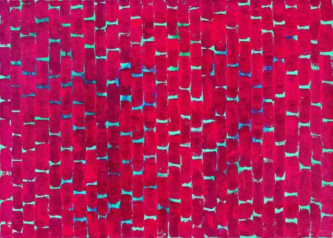 Alma Thomas painting of magenta vertical brushstrokes separated by thin bands of turquoise