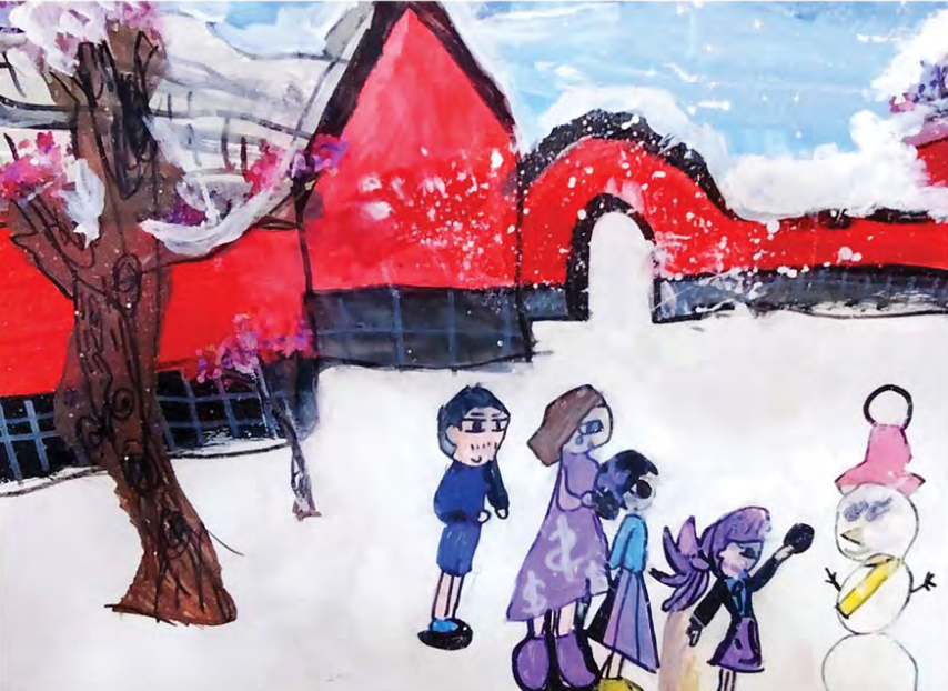 Children building a snowman in front of a red-roofed house under a snowy blossom tree