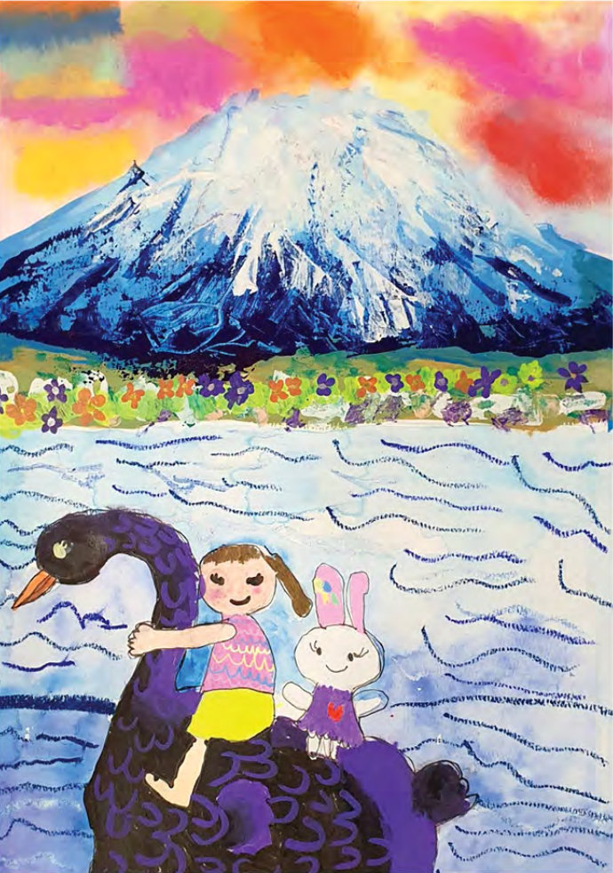 Girl and a rabbit riding a black swan across a lake below a snow-capped mountain and a sunset sky