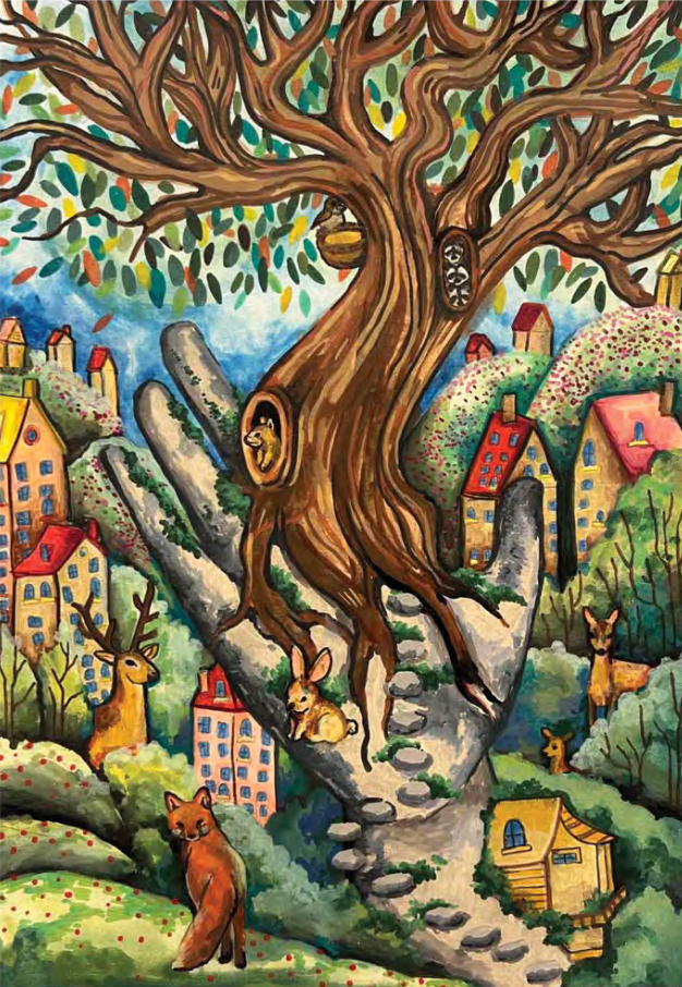 Great tree growing from a giant stone hand, with a fox, deer and rabbits among hillside houses