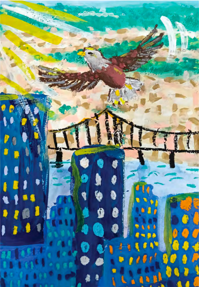 Eagle flying over a black steel bridge and blue high-rise towers with dotted windows