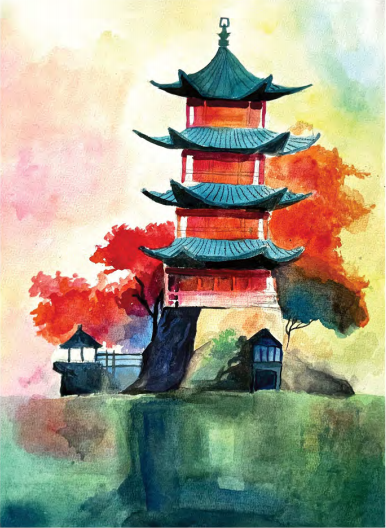 Watercolour pagoda on a rocky outcrop framed by red autumn trees