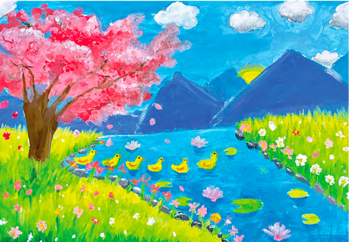 Cherry blossom tree over a blue stream with a line of yellow ducklings between flowering banks