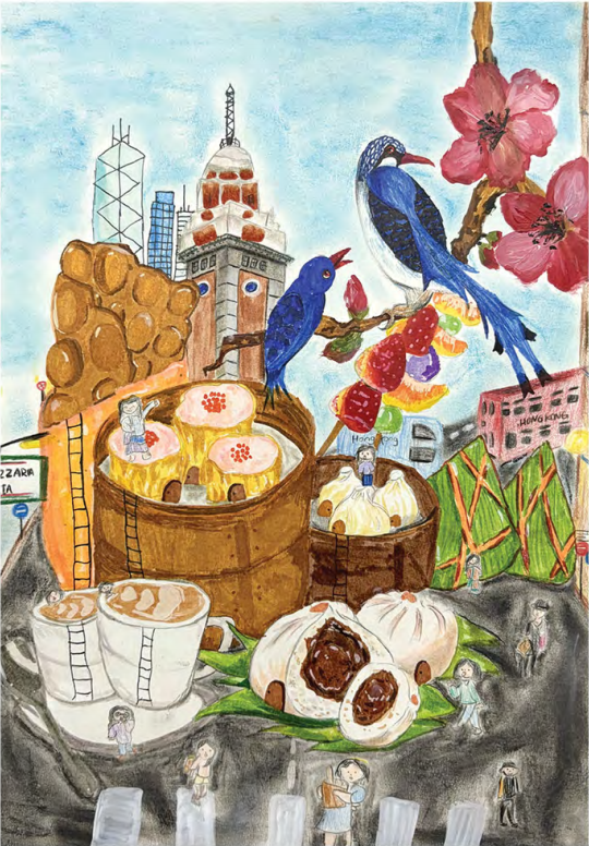 Blue magpies on a blossom branch above dim sum baskets, egg waffles and a clock tower