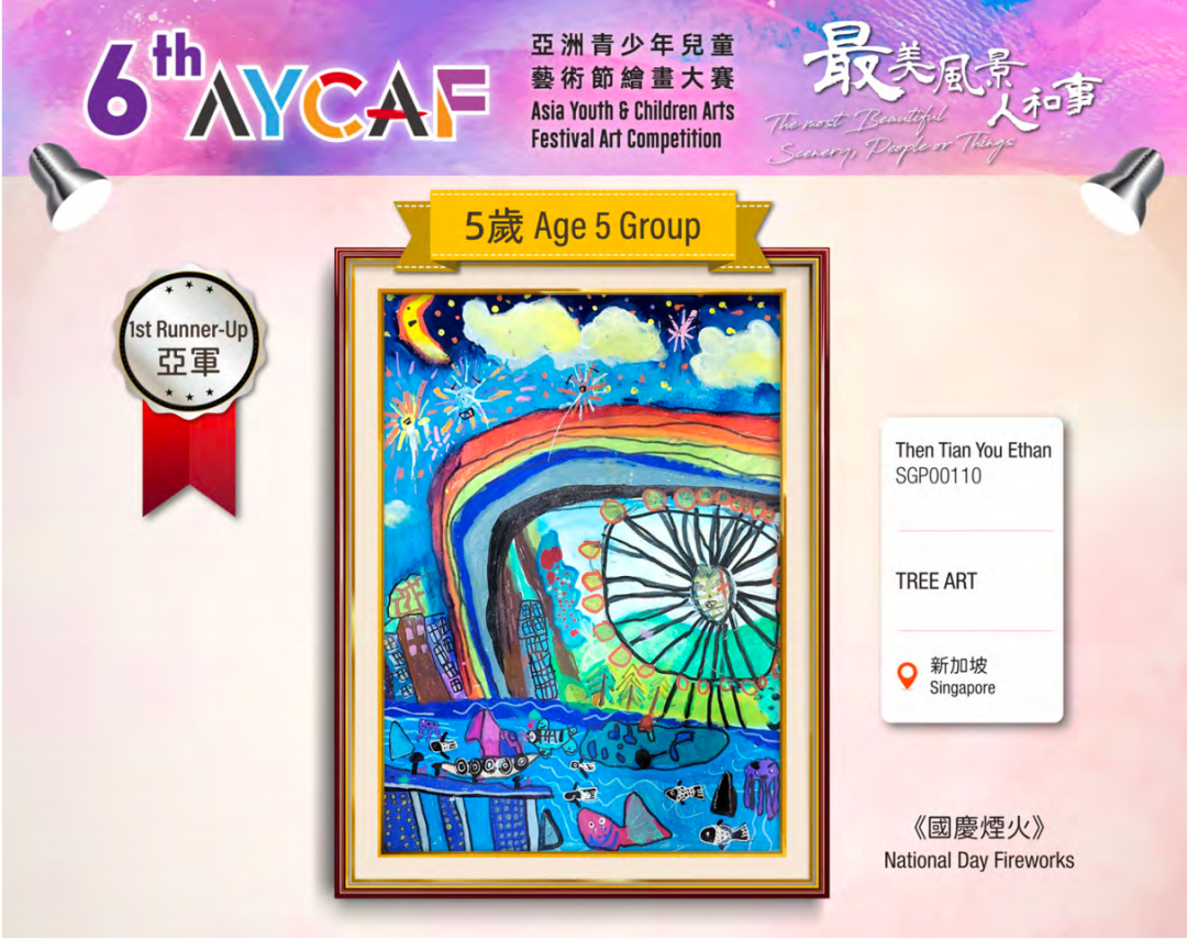 Award card for Tree Art Singapore student Then Tian You Ethan (SGP00110), 1st Runner-Up in the Age 5 Group, for his painting National Day Fireworks